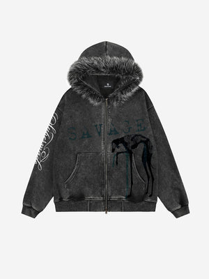 Kapuzenjacke mit verwaschenem Grafikprint und Kunstpelzbesatz sowie Reißverschluss