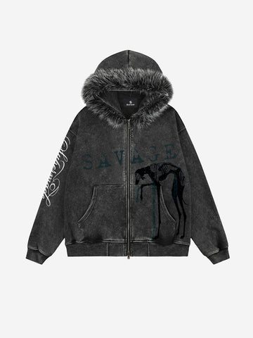 Kapuzenjacke mit verwaschenem Grafikprint und Kunstpelzbesatz sowie Reißverschluss