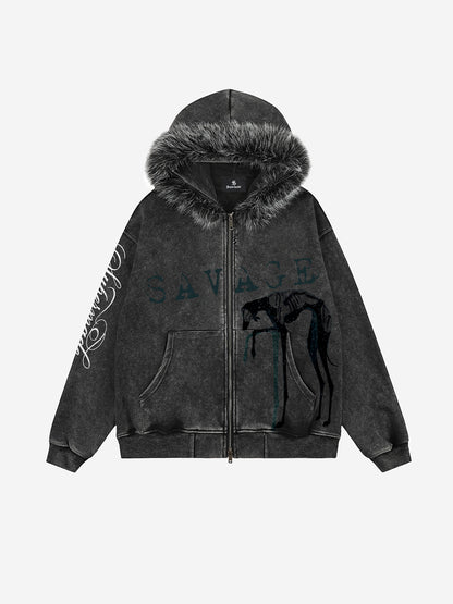 Kapuzenjacke mit verwaschenem Grafikprint und Kunstpelzbesatz sowie Reißverschluss