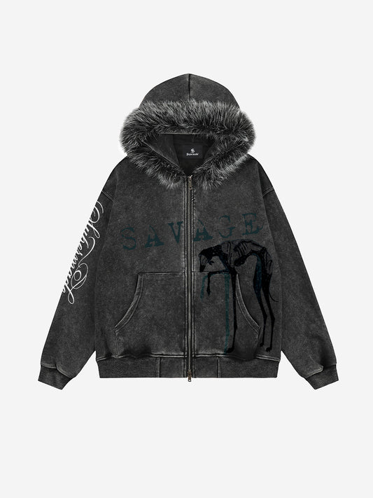 Washed Graphic Faux-Fur Trim Zip Hoodie