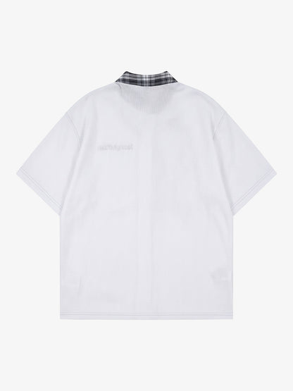 Plaid Scarf Sleeve Waffle Shirt with Letter Embroidery