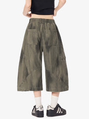 Olive Washed Wide-Leg Cargo Shorts