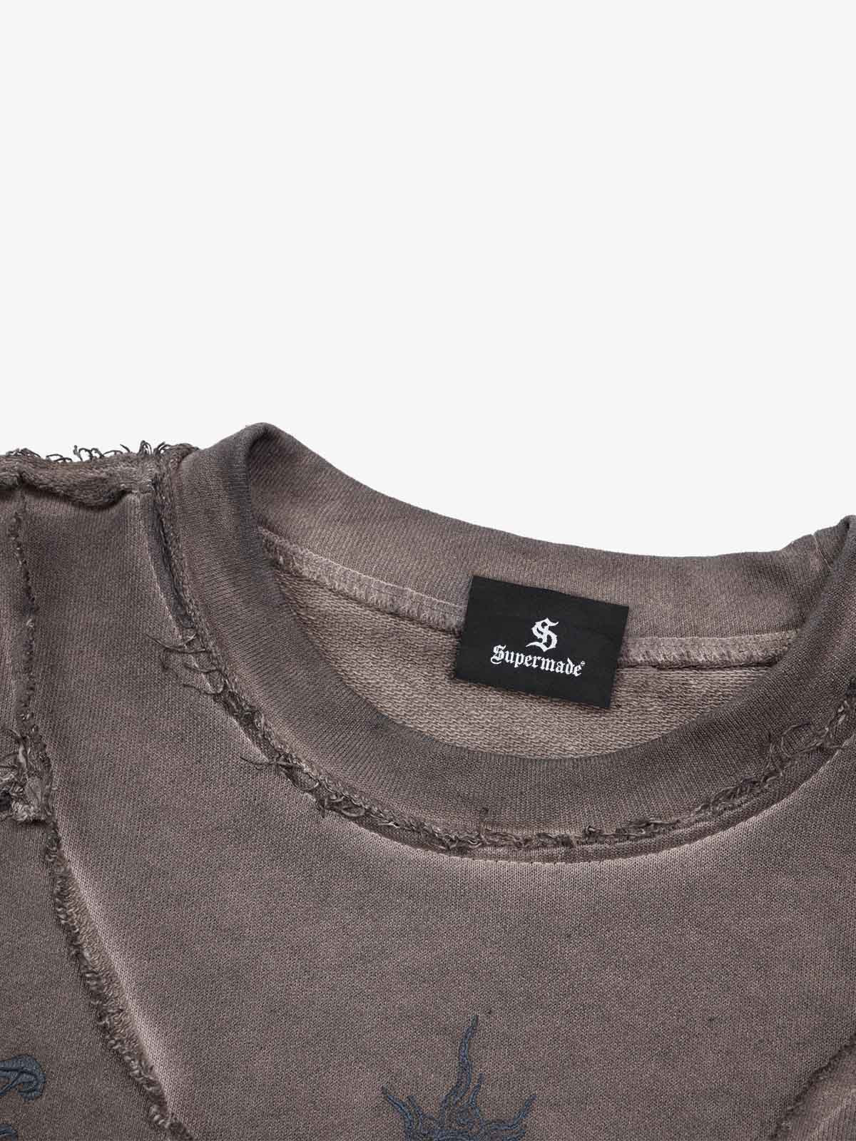 Deconstructed Distressed Raw-Edge Long Sleeve Tee; Coffee / M, Coffee / L, Coffee / XL