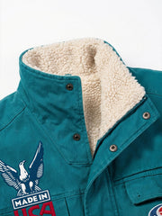 Embroidered Badge Distressed Fleece-Lined Teal Bomber Coat