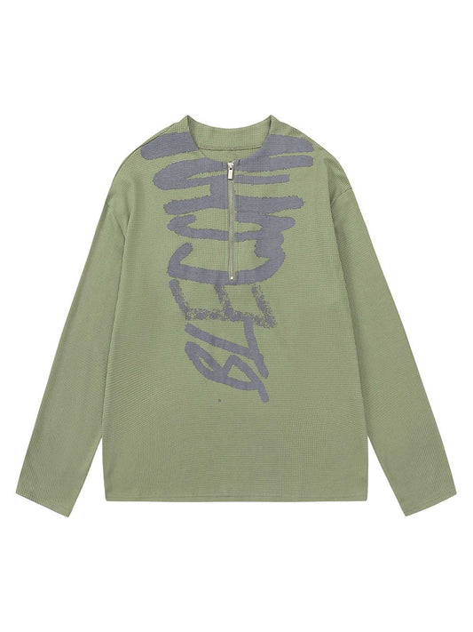 Half Zip Crew Neck Printed Knitted Sweater 