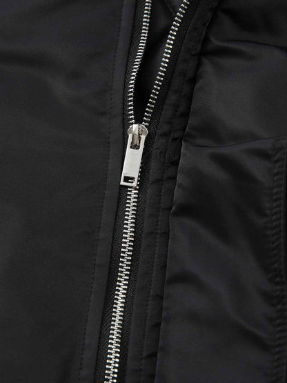 Detachable Faux Fur Collar Ruched Sleeve Bomber Jacket 