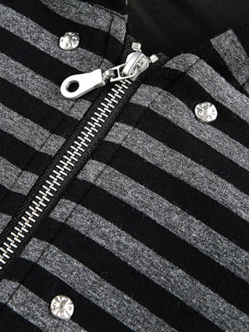 Detachable Fur Collar Striped Zip Up Hoodie 