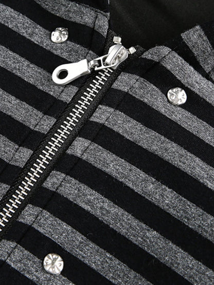 Thesupermade Detachable Fur Collar Striped Hooded Sweatshirt 