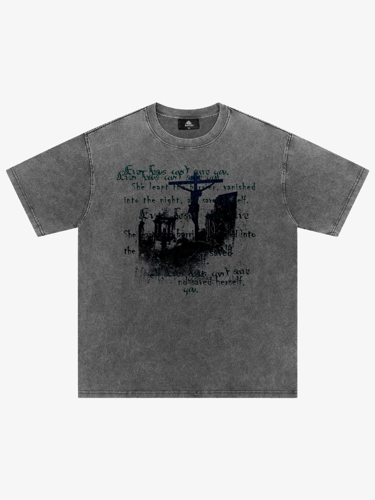 Washed Cross Overlay Text Graphic T-Shirt 