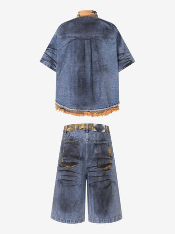 Camo-Trimmed Pleated Denim Utility Set 