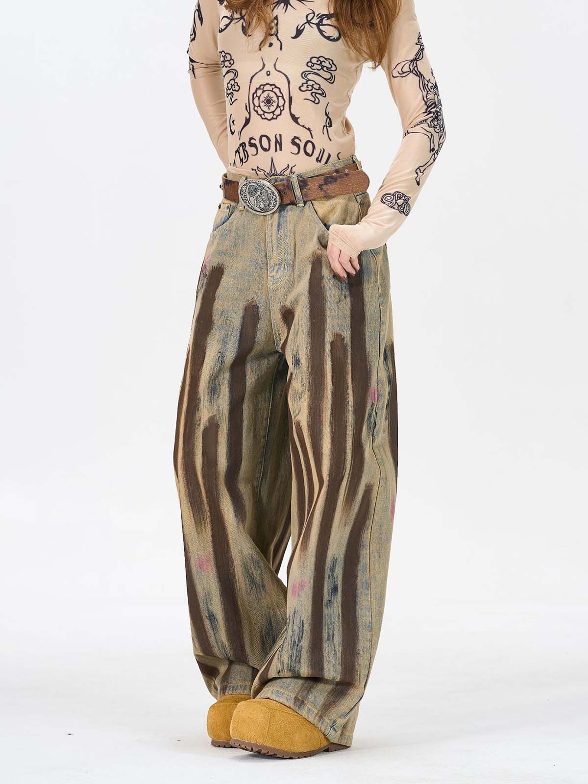 Retro Washed Brushstroke Wide-Leg Jeans 