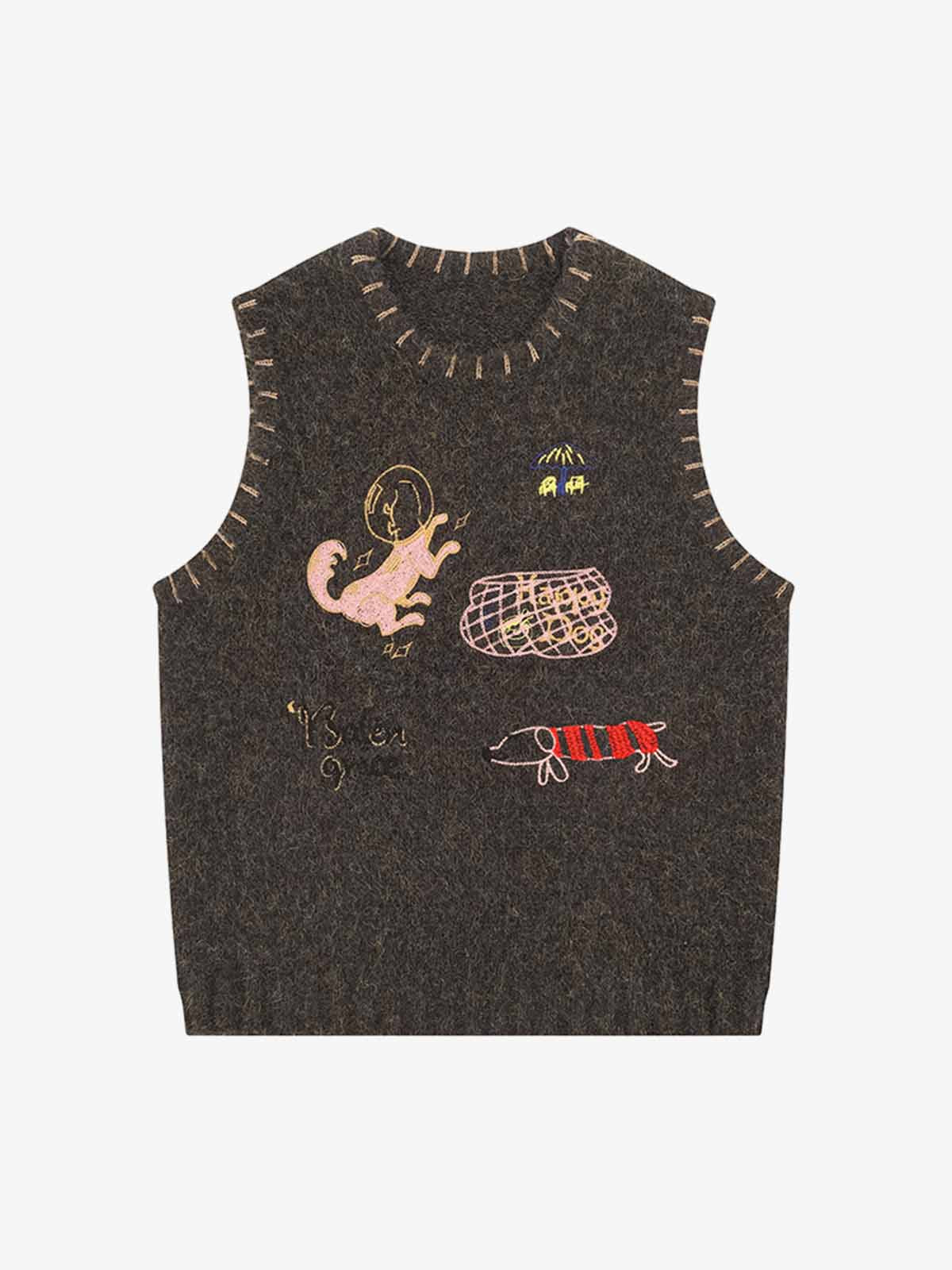 Wool Blend Embroidered Sleeveless Knit Vest with Whimsical Animal Motifs and Artistic Stitching Details 