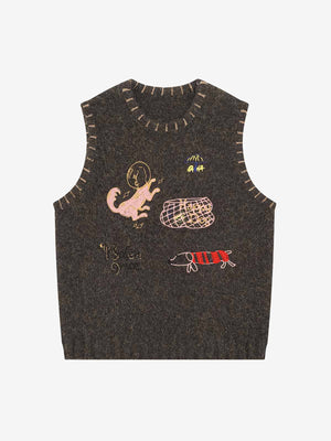 Wool Blend Embroidered Sleeveless Knit Vest with Whimsical Animal Motifs and Artistic Stitching Details 