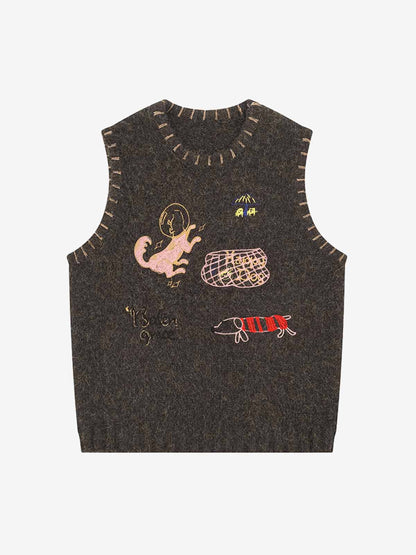 Wool Blend Embroidered Sleeveless Knit Vest with Whimsical Animal Motifs and Artistic Stitching Details 