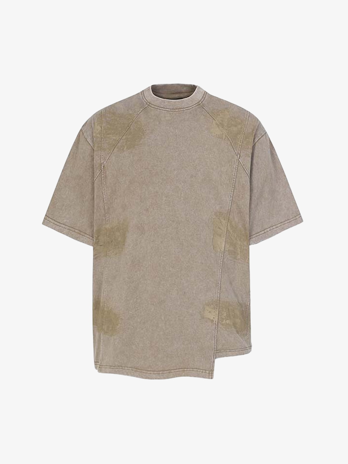 Khaki gray vintage washed oversized T-shirt with panel seams and asymmetric hem