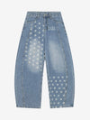 Denim Star-Print Wide-Leg Crop Pants with High Waist and Front Zipper Closure 