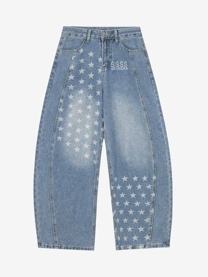 Denim Star-Print Wide-Leg Crop Pants with High Waist and Front Zipper Closure 
