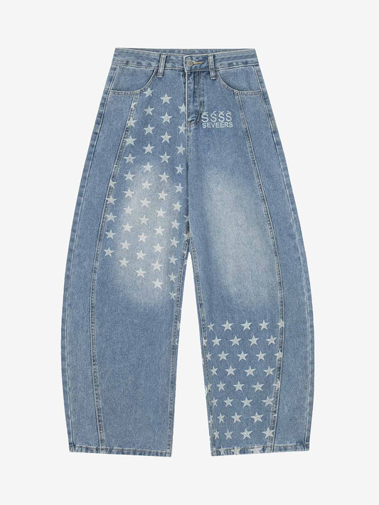 Denim Star-Print Wide-Leg Crop Pants with High Waist and Front Zipper Closure 