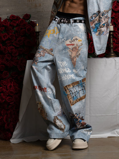 Artistic Denim Wide-Leg Jeans with Angelic Prints and Graffiti Details 