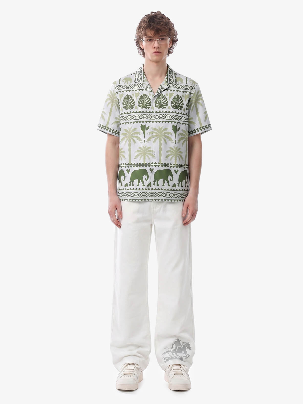 Tropical Elephant Palm Camp Collar Boxy Shirt 