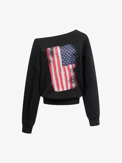 Flag Print Off-Shoulder Sweatshirt