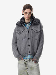 Faux-Fur Collar Distressed Knit Cardigan