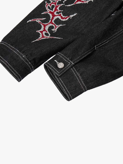 Black Denim Jacket with Red Embroidered Design for Men 