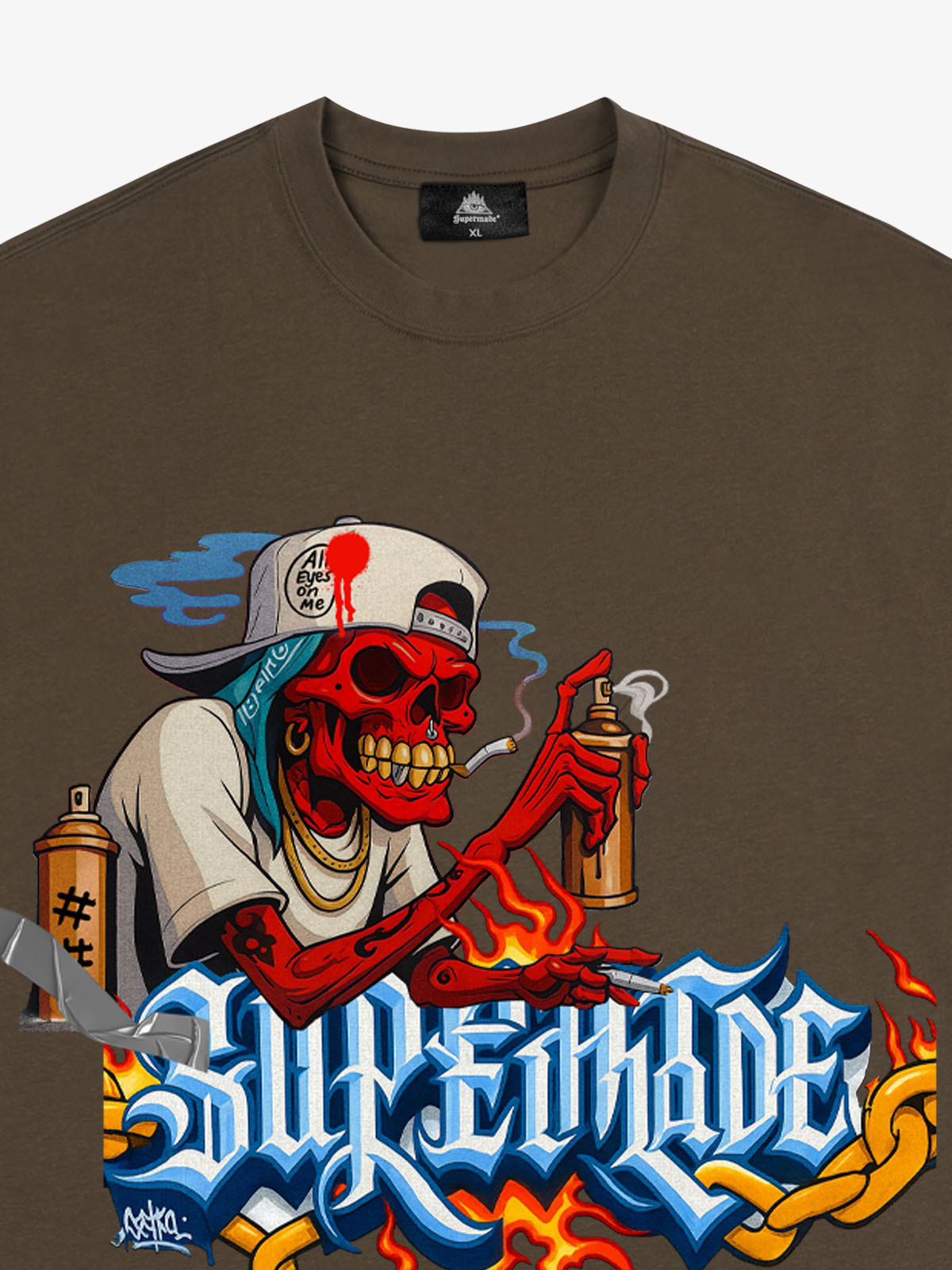 Thesupermade Skull Graffiti Artist Flame Flower Font T-shirt 