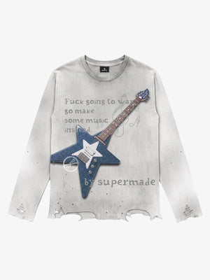 Guitar Music Note Graphic Distressed Long Sleeve Tee