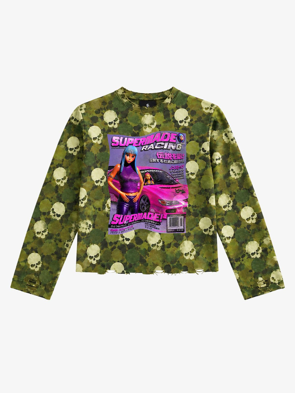 Skull Camo Racing Graphic Boxy Long Sleeve Tee
