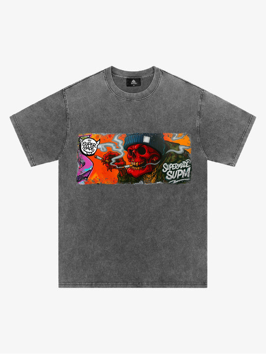 Thesupermade Distressed Blood Red Skull Graffiti T-shirt 