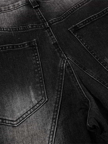 Black Denim Wide-Leg Jeans with Asymmetric Stitching and Button Details 