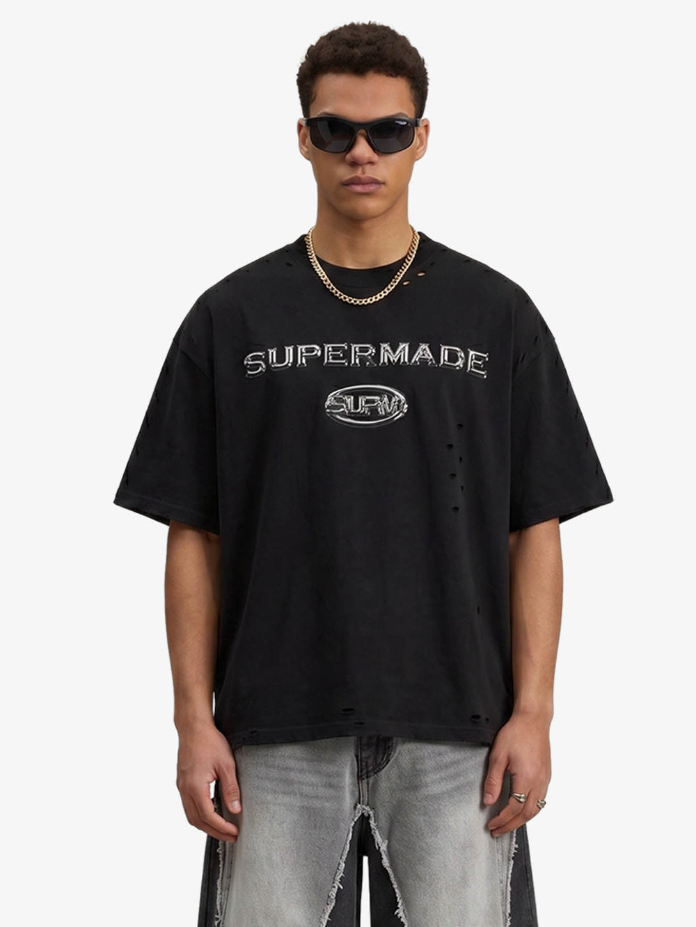 Distressed Metallic Logo Cropped T-Shirt 