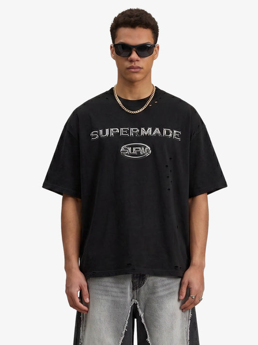 Distressed Metallic Logo Cropped T-Shirt 