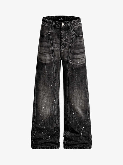 Paint Splatter Washed Wide Leg Denim Jeans