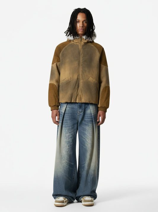 Street Vintage Fog-Dyed Fur Collar Patchwork Hooded Padded Jacket 