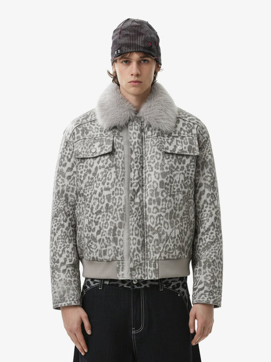 Vintage Leopard Fleece Faux Fur Collar Panel Trim Padded Jacket 