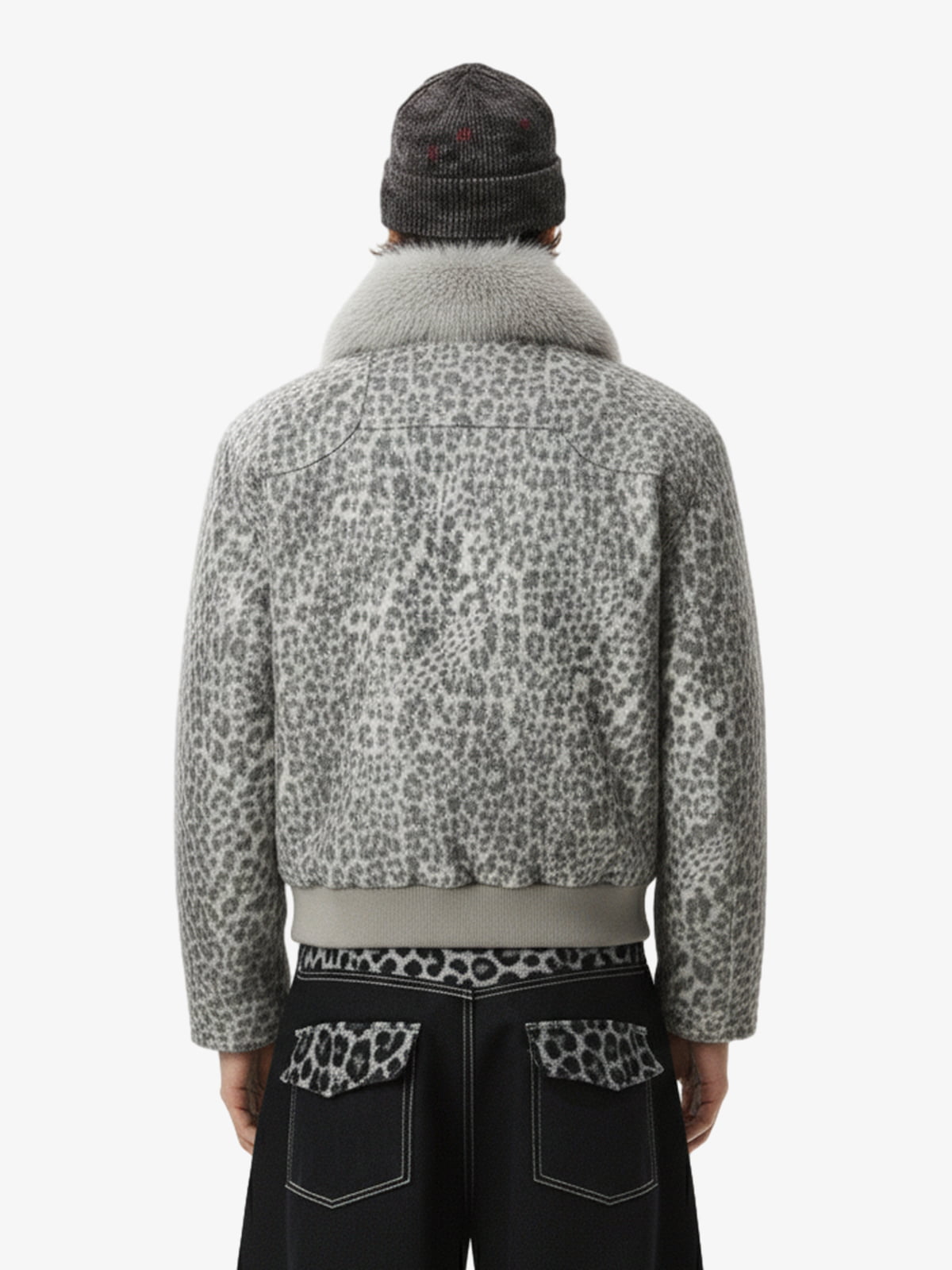 Vintage Leopard Fleece Faux Fur Collar Panel Trim Padded Jacket 