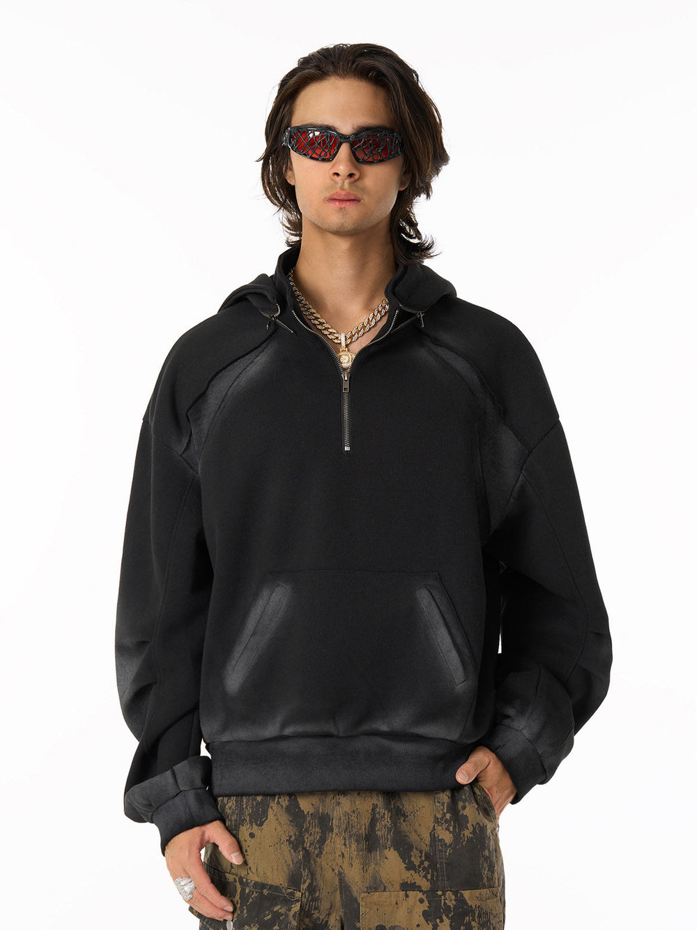Distressed Stand Collar Stitching Spray Paint Quarter Zip Hoodie 