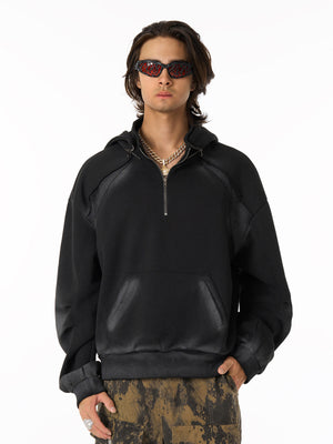Distressed Stand Collar Quarter Zip Stitching Spray Paint Hooded Sweatshirt 