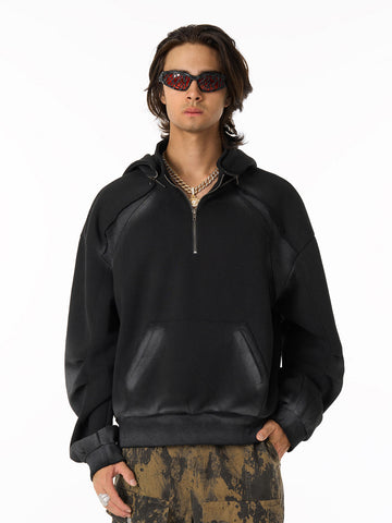 Distressed Stand Collar Stitching Spray Paint Quarter Zip Hoodie 