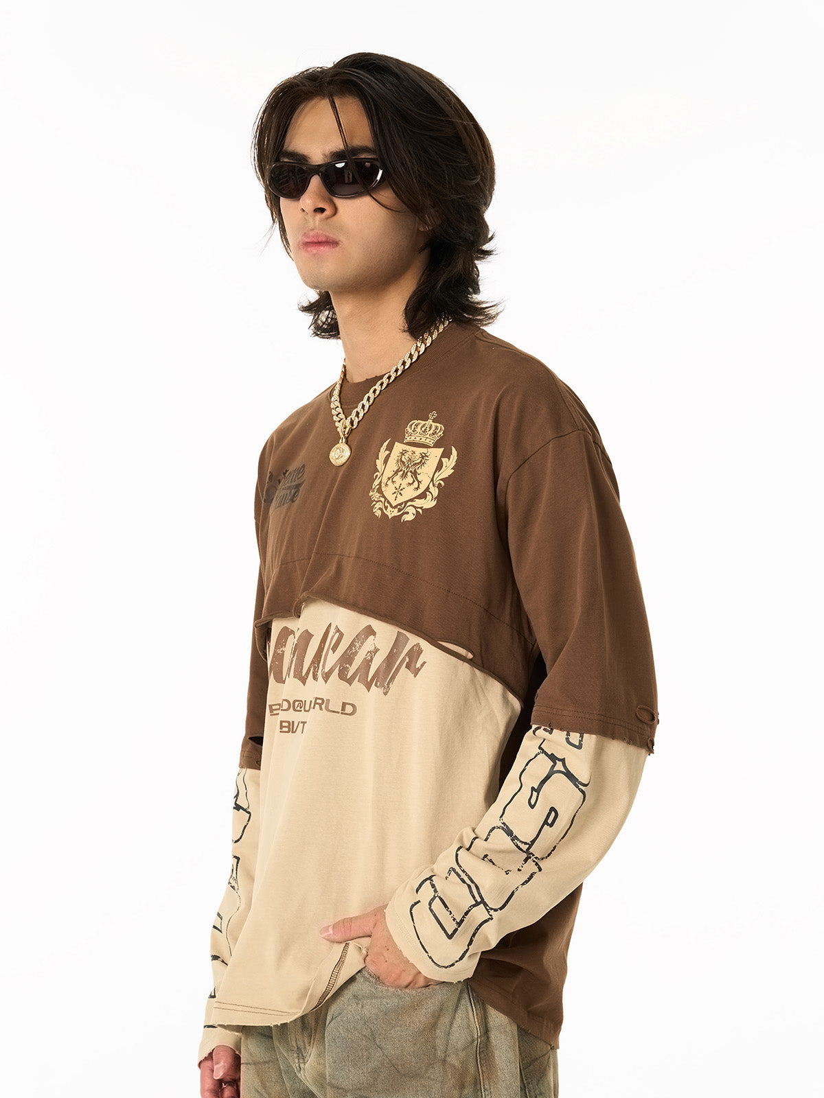 Retro Fake Two-Piece Patchwork College Badge Long Sleeve T-Shirt 