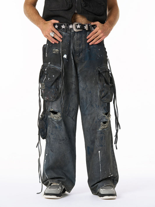 Distressed Cargo Denim Pants with Star Belt - Perfect for Edgy Street Style 