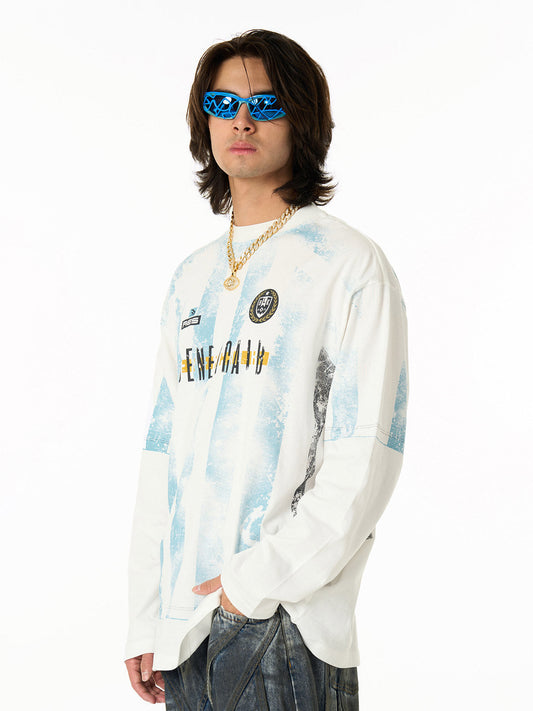 Retro Mottled Striped Badge Print Long Sleeve T-Shirt 