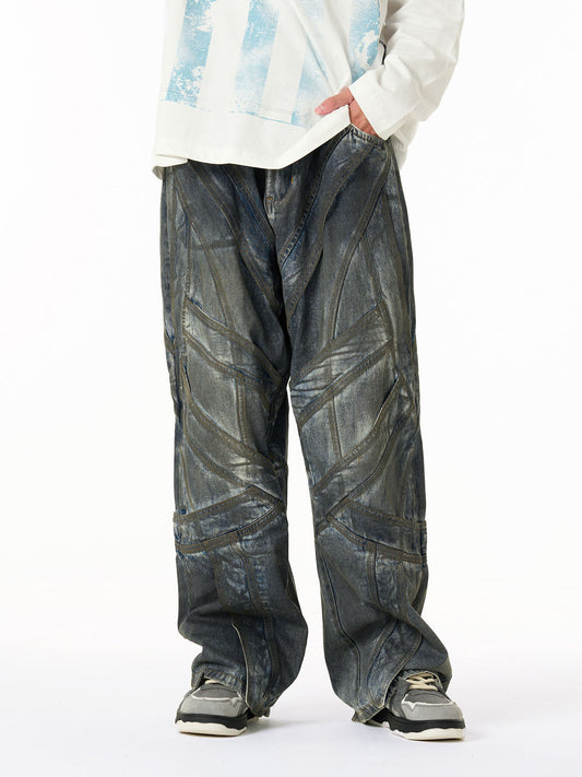 Vintage Washed Distressed Multi-Structure Patchwork Jeans 
