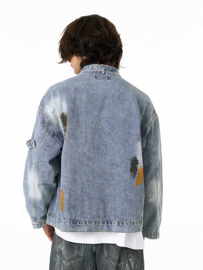 Embroidered Denim Jacket with Trendy Floral Design for Men 