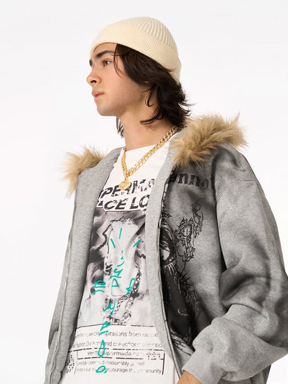Thesupermade Wasteland Style Cardigan Zip UP Fur Hooded Jacket - 2279 