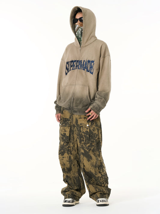 SUPERMADE Embroidered Distressed Spray-Painted Hooded Sweatshirt 
