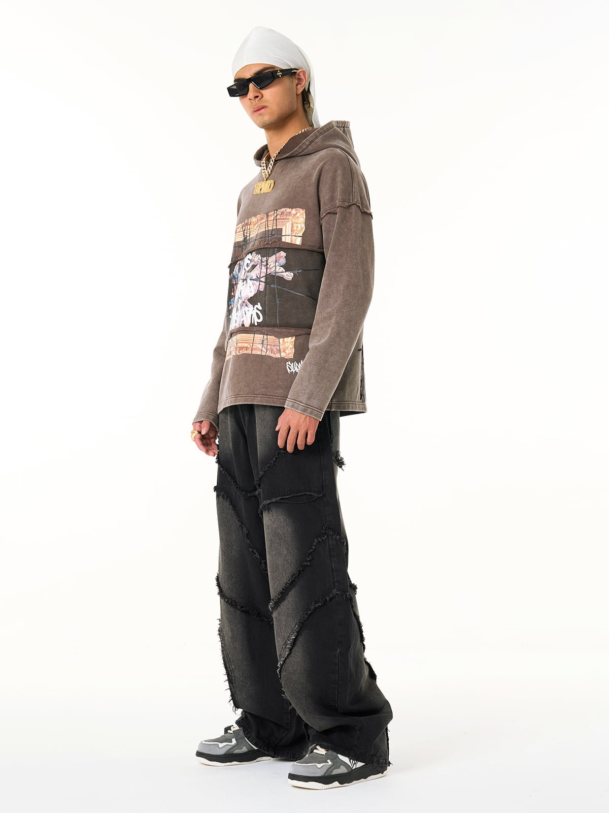 Washed Distressed Raw Edge Barrel Jeans - 2402 