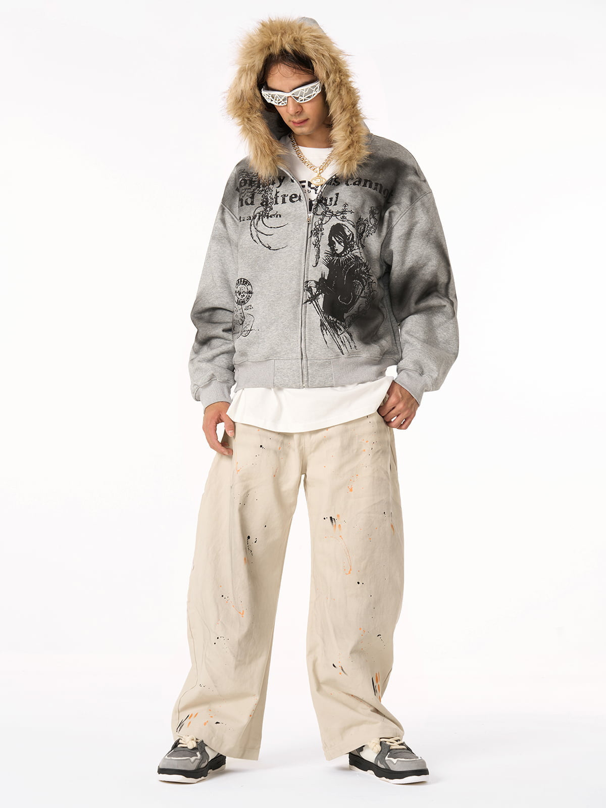 Thesupermade Wasteland Style Cardigan Zip UP Fur Hooded Jacket - 2279 